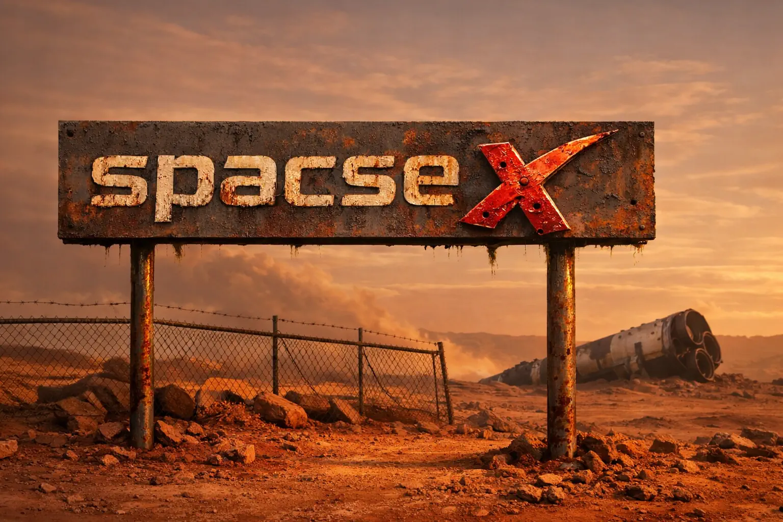 Rusted metal signpost reading spacseX standing in a red Martian desert at dusk